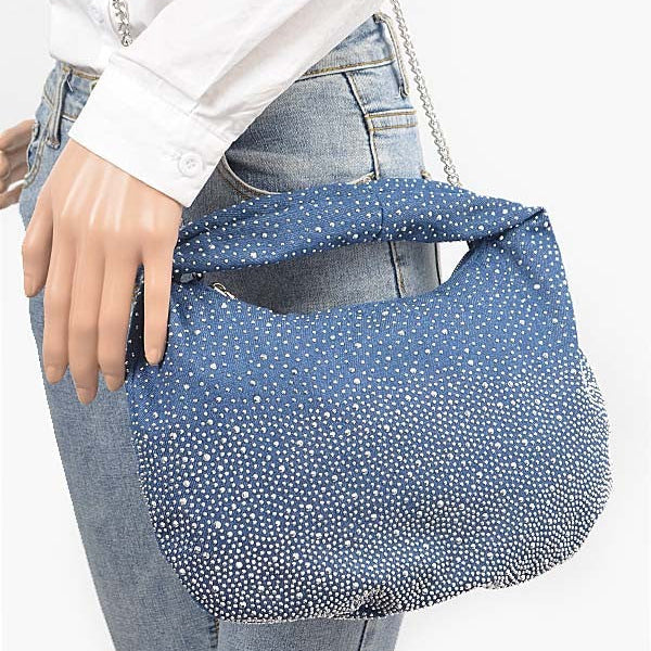 Rhinestone Hot Fix Denim Small Hobo Bag