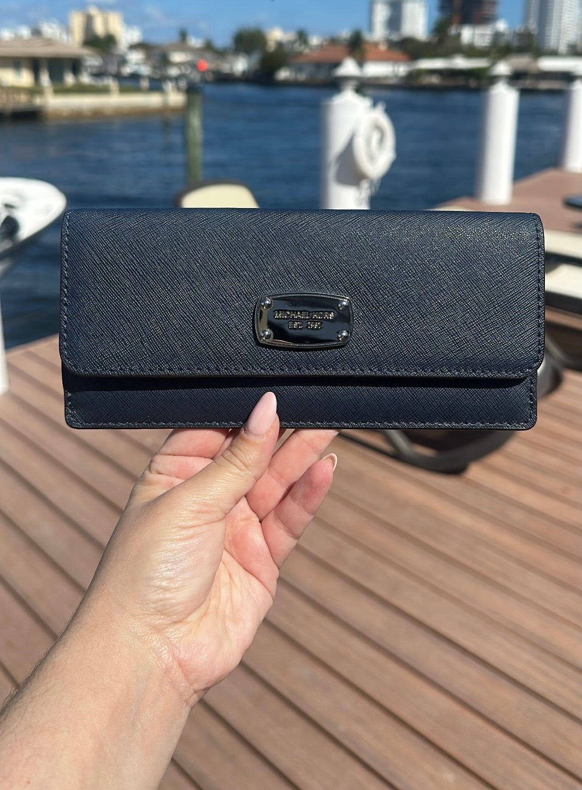 MICHAEL KORS Navy Pebbled Leather Silver Logo Large Wallet