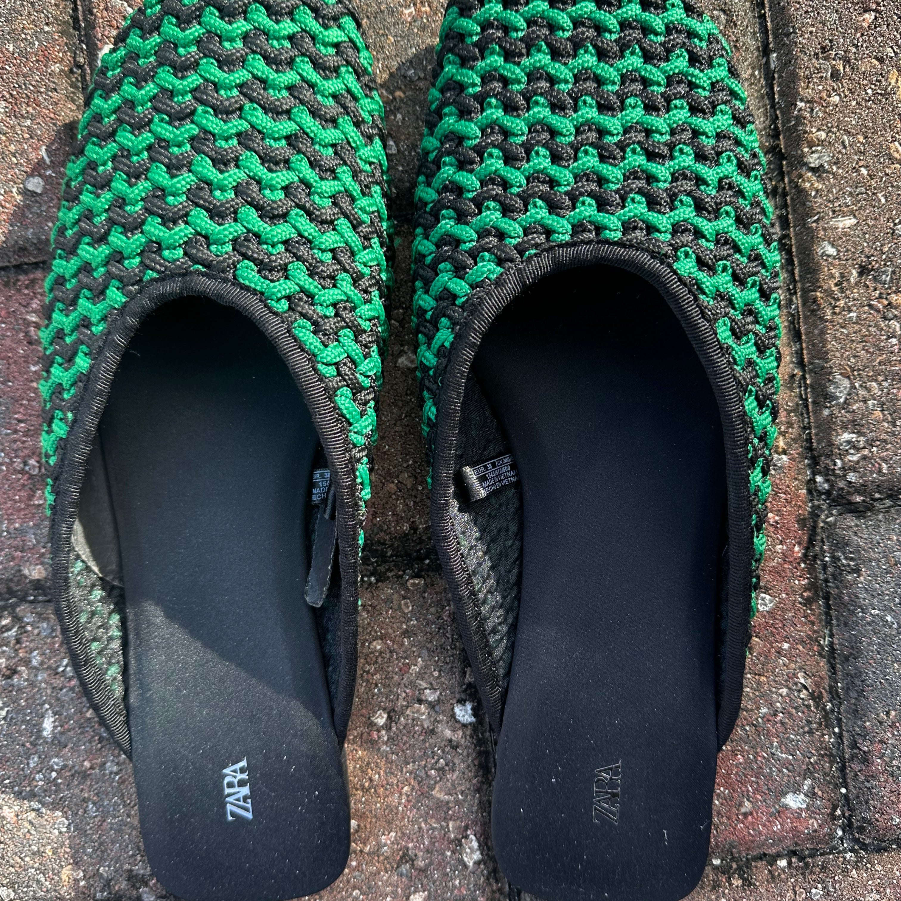 Zara Woven Green & Black Mules Size 38