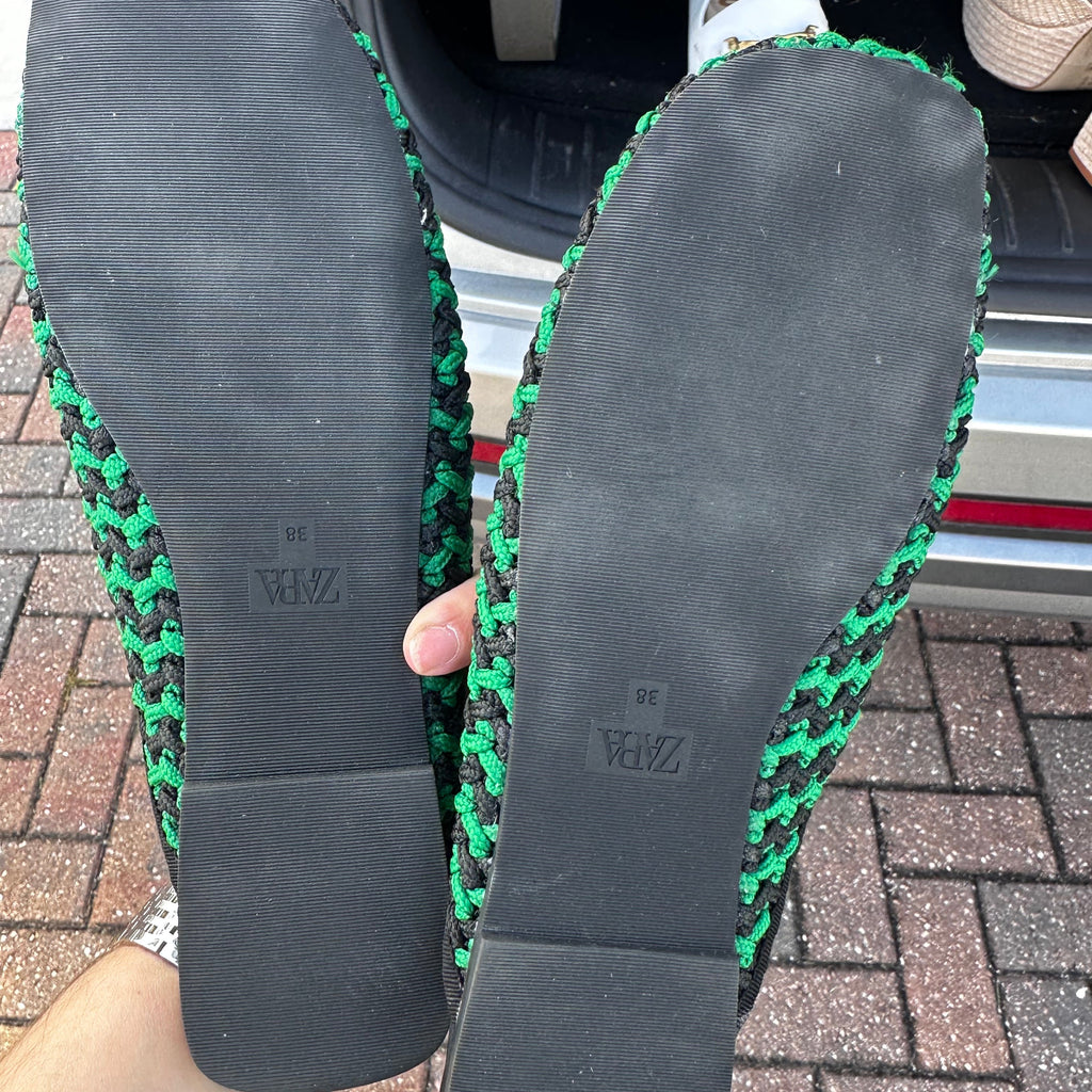 Zara Woven Green & Black Mules Size 38
