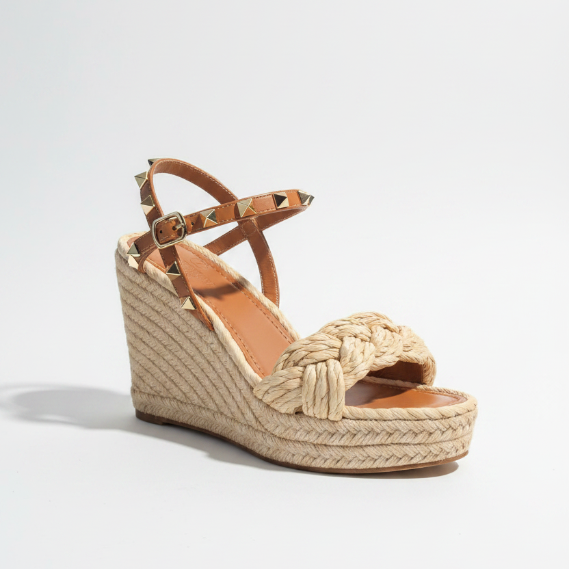 Valentino Garavani Rockstud Braided Leather Espadrille Wedges Size 37
