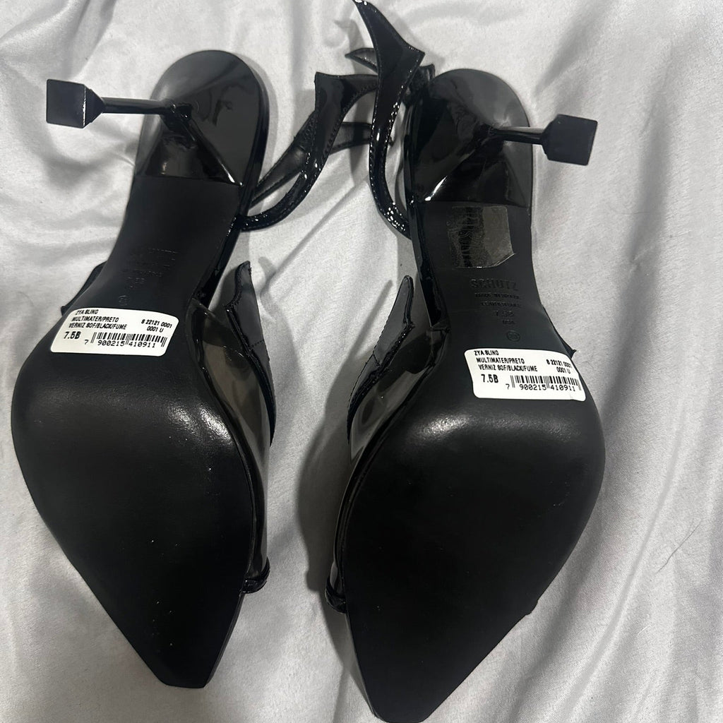 Schutz Zya Sling Patent Leather Sandal In Black Size 7.5
