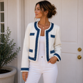 Elle Grey Contrast Trim Tweed Jacket Size S | Cream Cropped Blazer