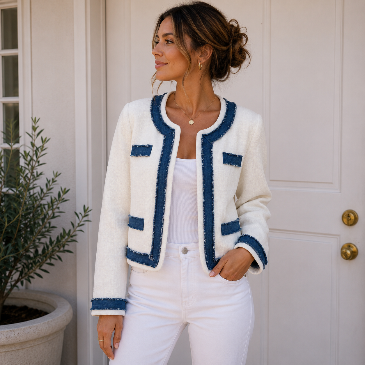 Elle Grey Contrast Trim Tweed Jacket Size S | Cream Cropped Blazer