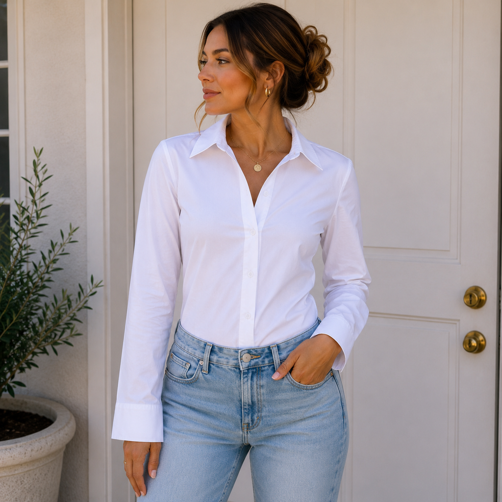 Michelle Farmer White Cotton Button-Down Shirt Size XS | Classic Tailored Blouse
