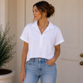 Zara White Ribbed Cropped Polo Shirt Size S | Women's Short Sleeve Knit Top