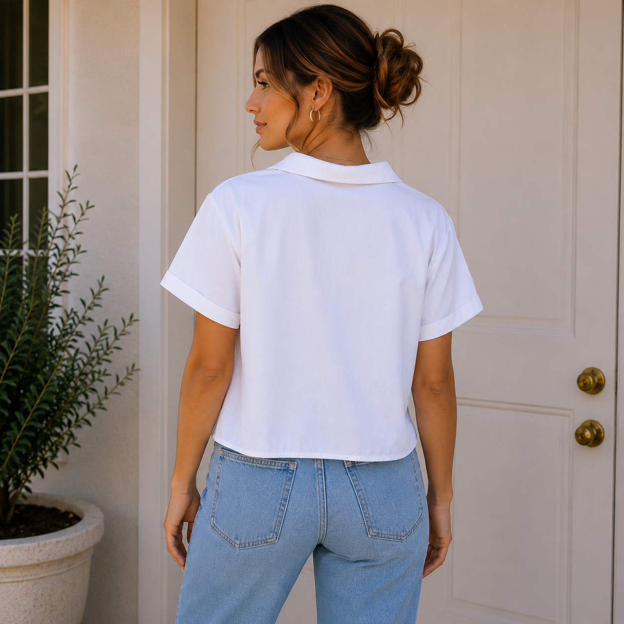 Zara White Ribbed Cropped Polo Shirt Size S | Women's Short Sleeve Knit Top