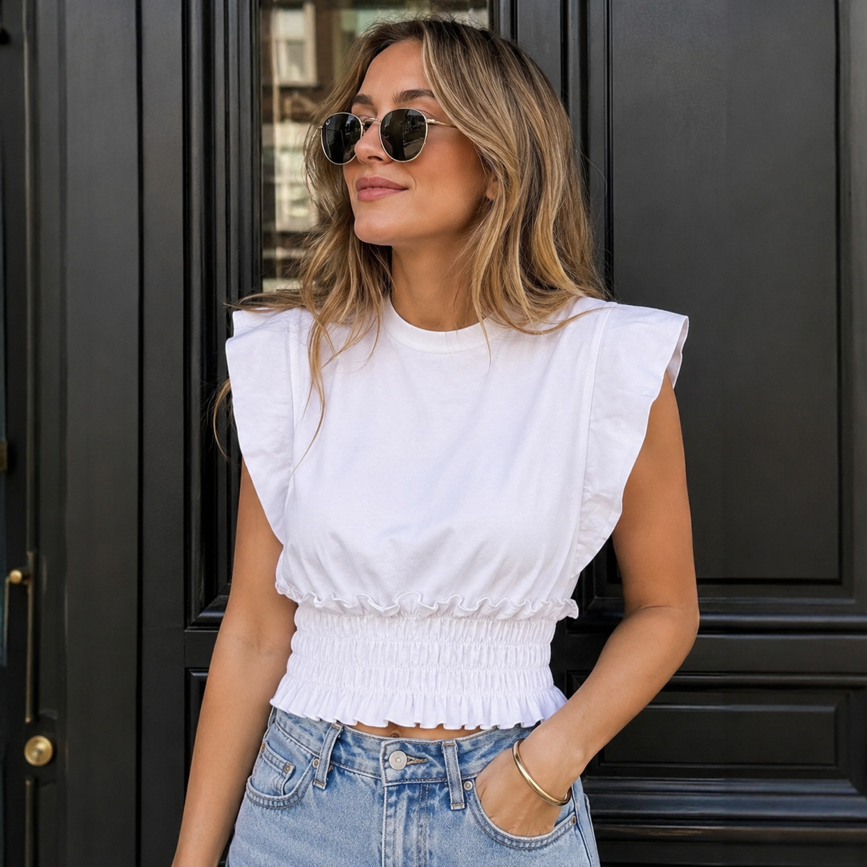 Endless Rose White Smocked Waist Top NWT Size XS | Ruffle Hem Cotton Blend Tee