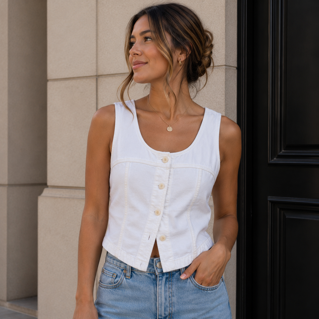 Madewell White Denim Button-Down Vest Size 2 | Sleeveless Cotton Top
