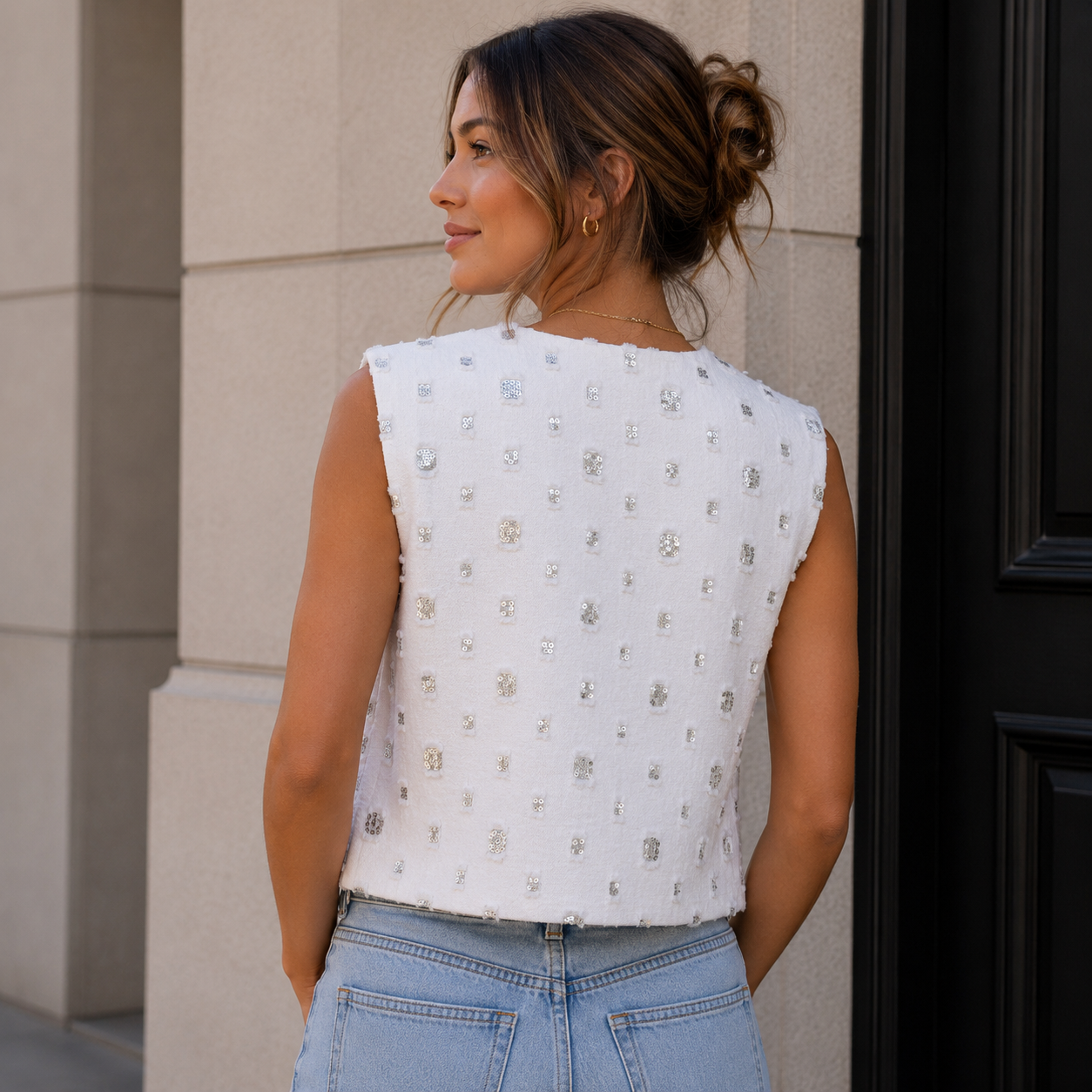 Zara White Sequin Embellished Sleeveless Vest Size XS | Textured Statement Top