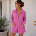 Talulah Hot Pink Knit Collared Romper Size S | Long Sleeve Button-Front Lounge Romper