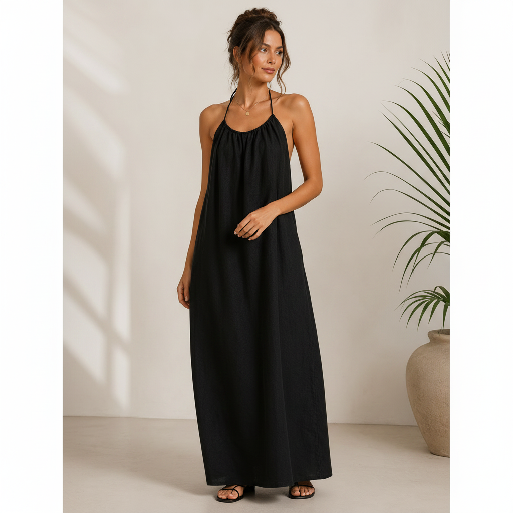 J.Crew Black Halter Linen Maxi Dress Size M NWT | Sleeveless Summer Dress