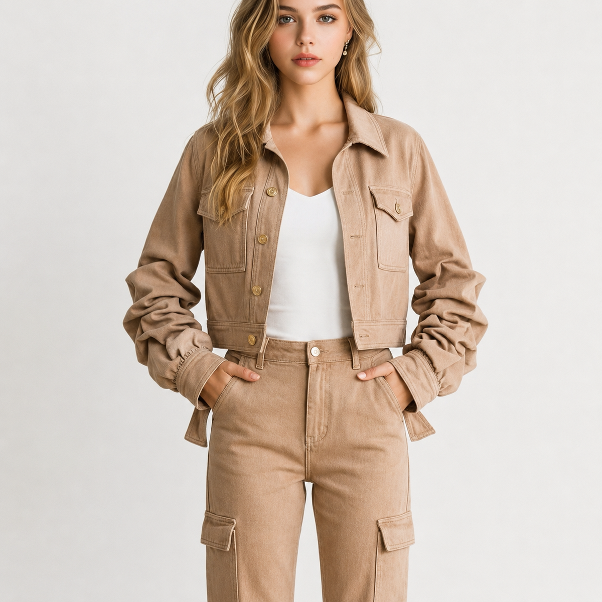 Alice & Olivia Jeans Ruched Sleeve Denim Jacket – Beige, Cropped, Size L