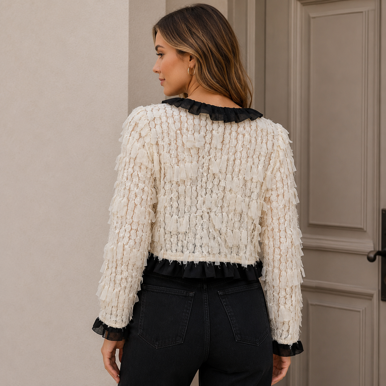 Zara Textured Lace Ruffle Cardigan Size S | Women's Knit Cardigan