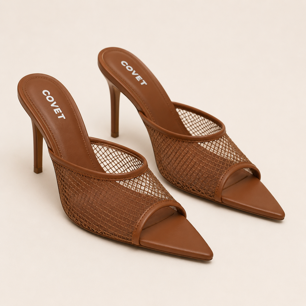 Covet Tan Mesh Stiletto Mules Size 39 | Women's Pointed-Toe Heels