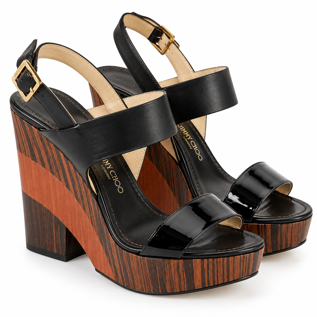 Jimmy Choo Patent Wood Wedge Sandal Size 39