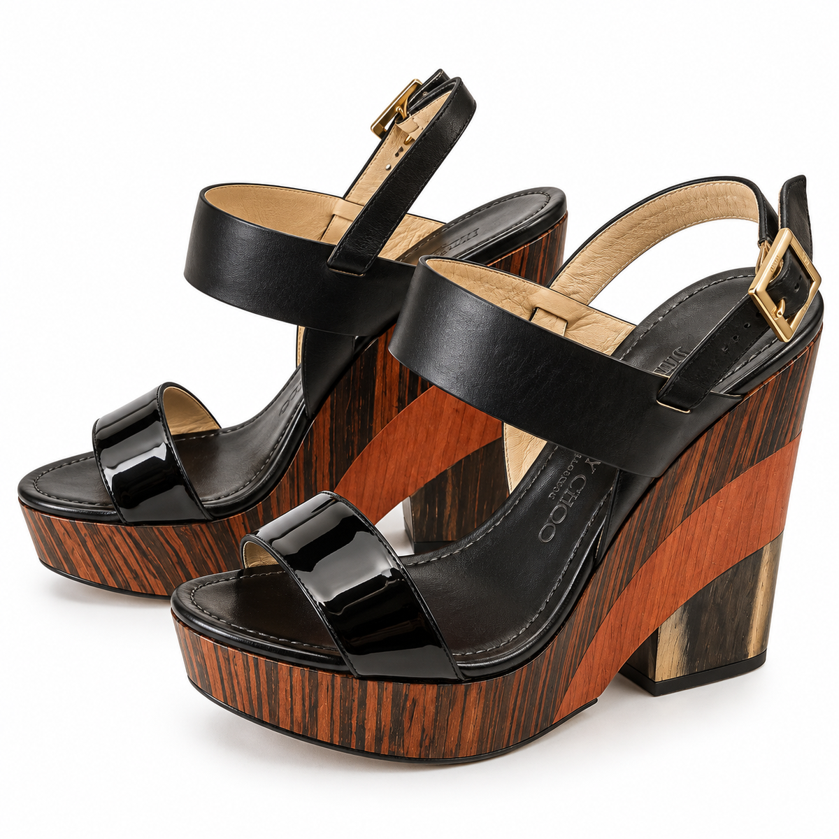 Jimmy Choo Patent Wood Wedge Sandal Size 39
