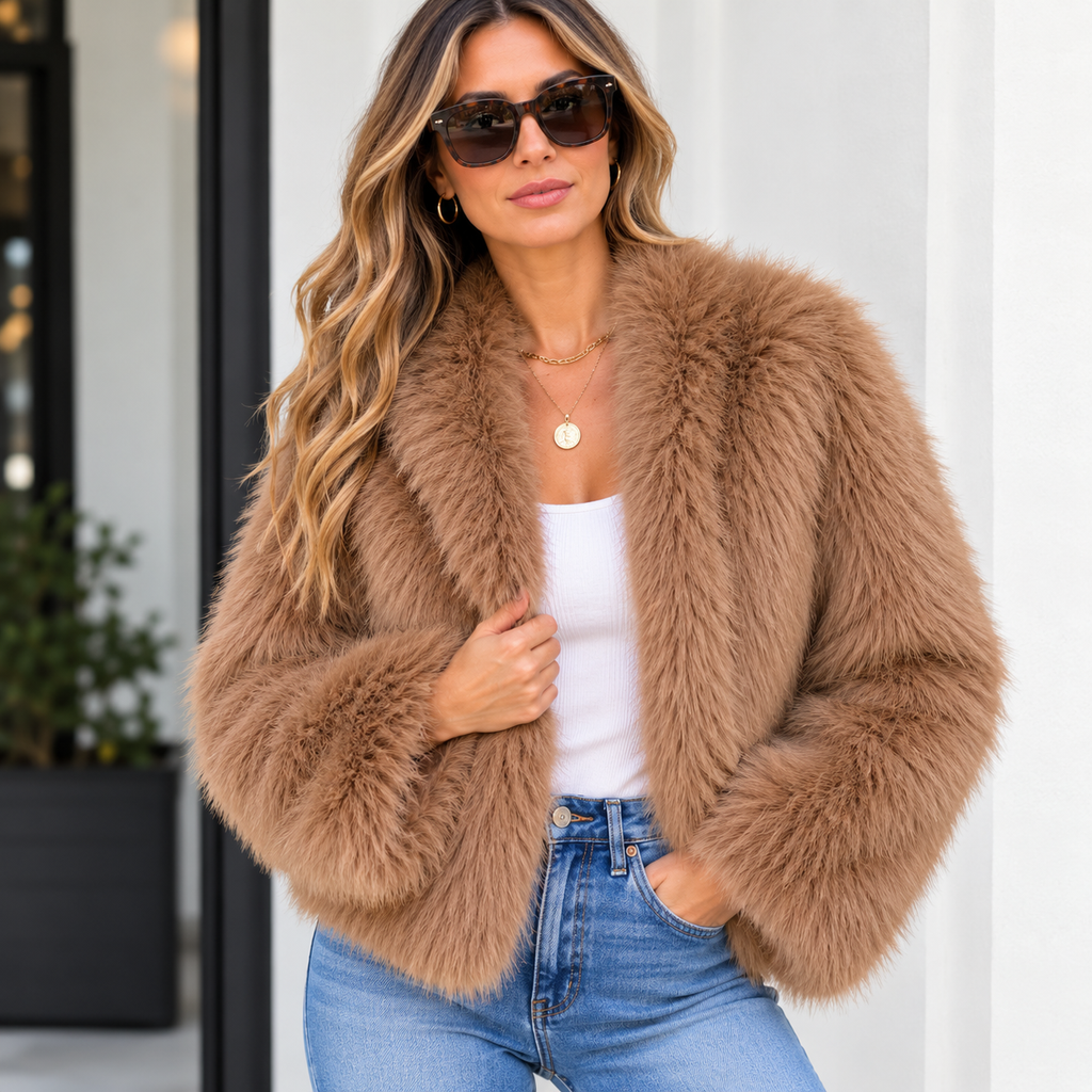 Olivaceous Brown Faux Fur Crop Jacket Size S