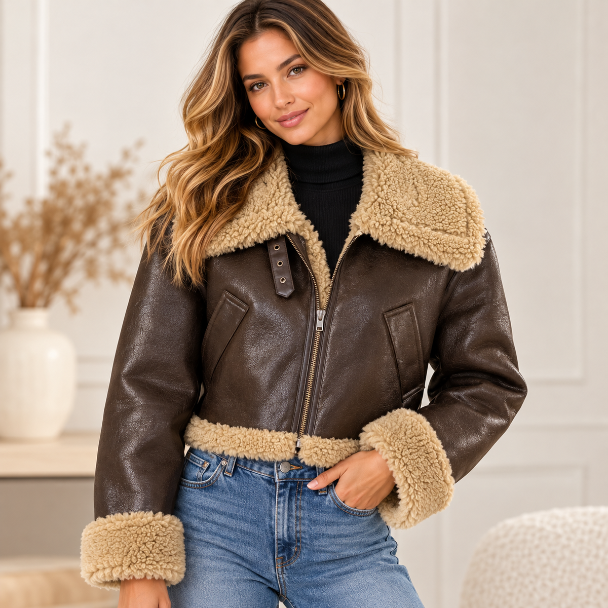Vimyig Faux Shearling Aviator Bomber Jacket Size M