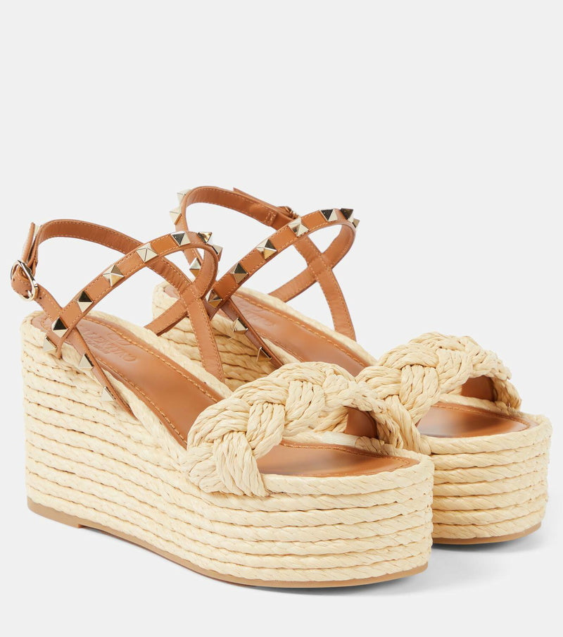 Valentino Garavani Rockstud Braided Leather Espadrille Wedges Size 37