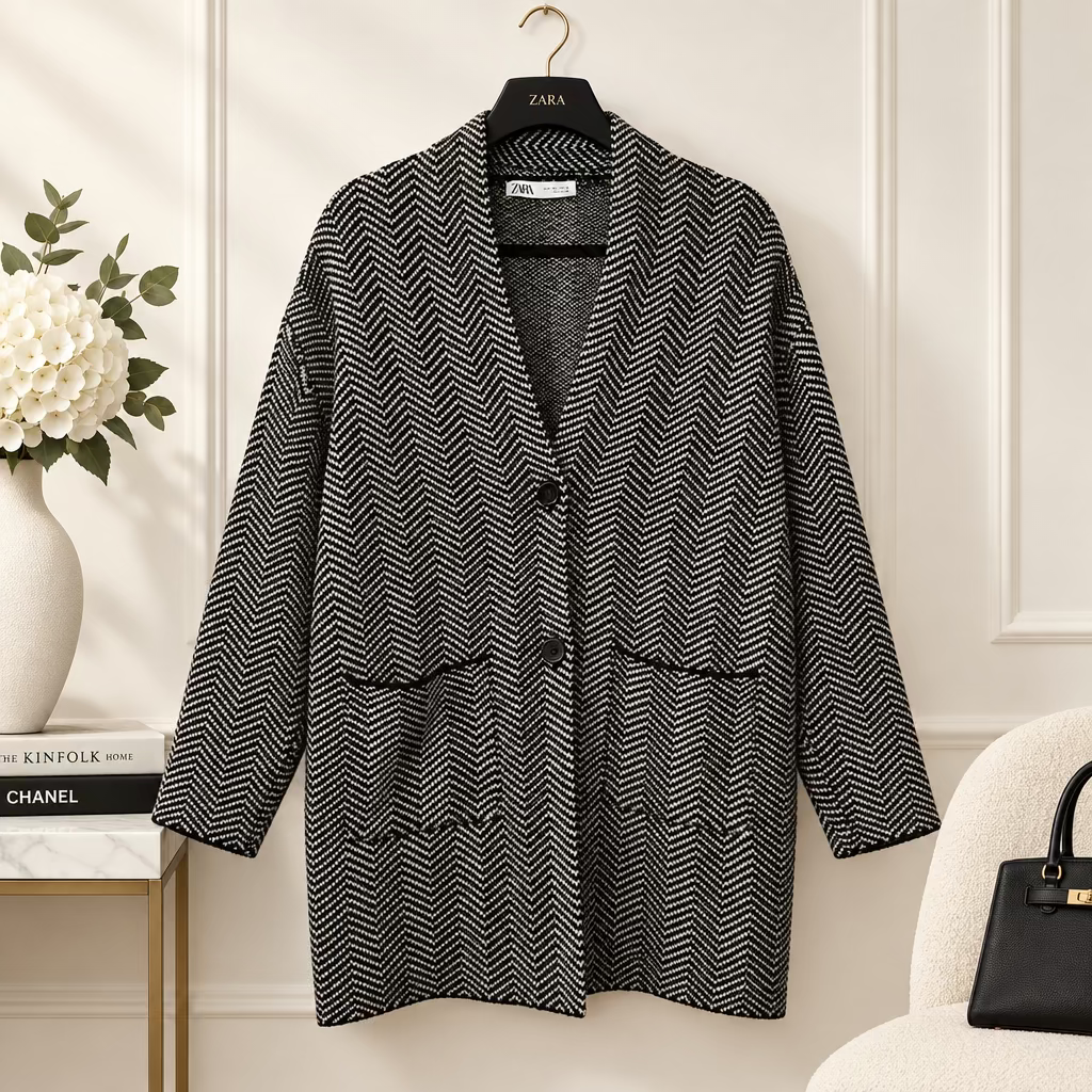 Zara Black and White HerringboneCardigan Size S