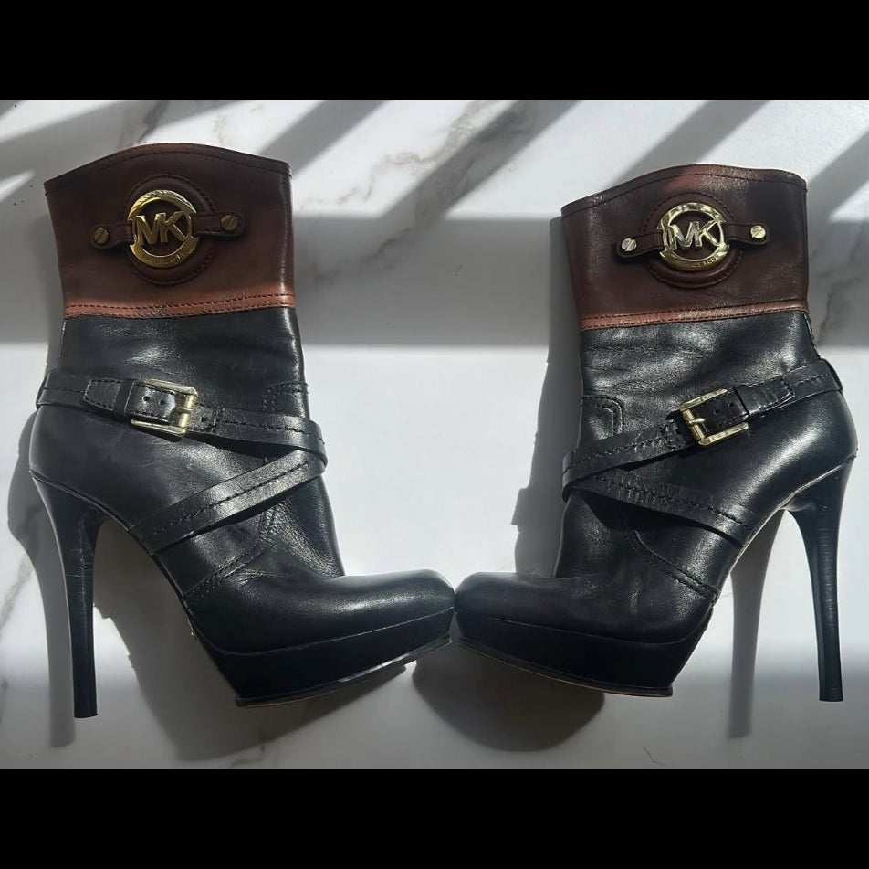 Michael Kors ‘Stockard’ Two Tone Black/Mocha Leather Platform Bootie Size 7