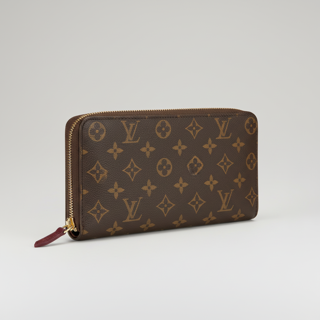 Louis Vuitton Zippy Wallet (Monogram Canvas) with a fuchsia/red interior.