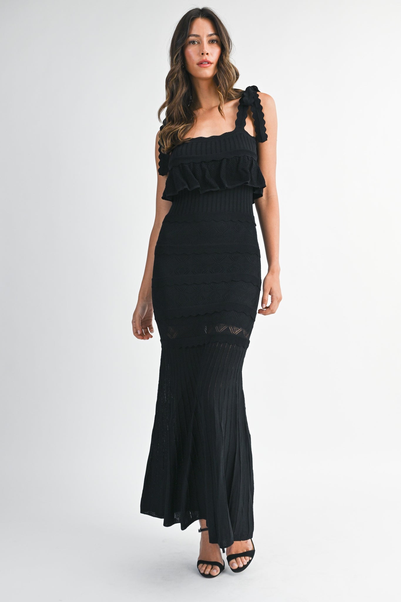 Mable Black Pointelle Scallop Edge Ruffled Knit Maxi Dress Size Small