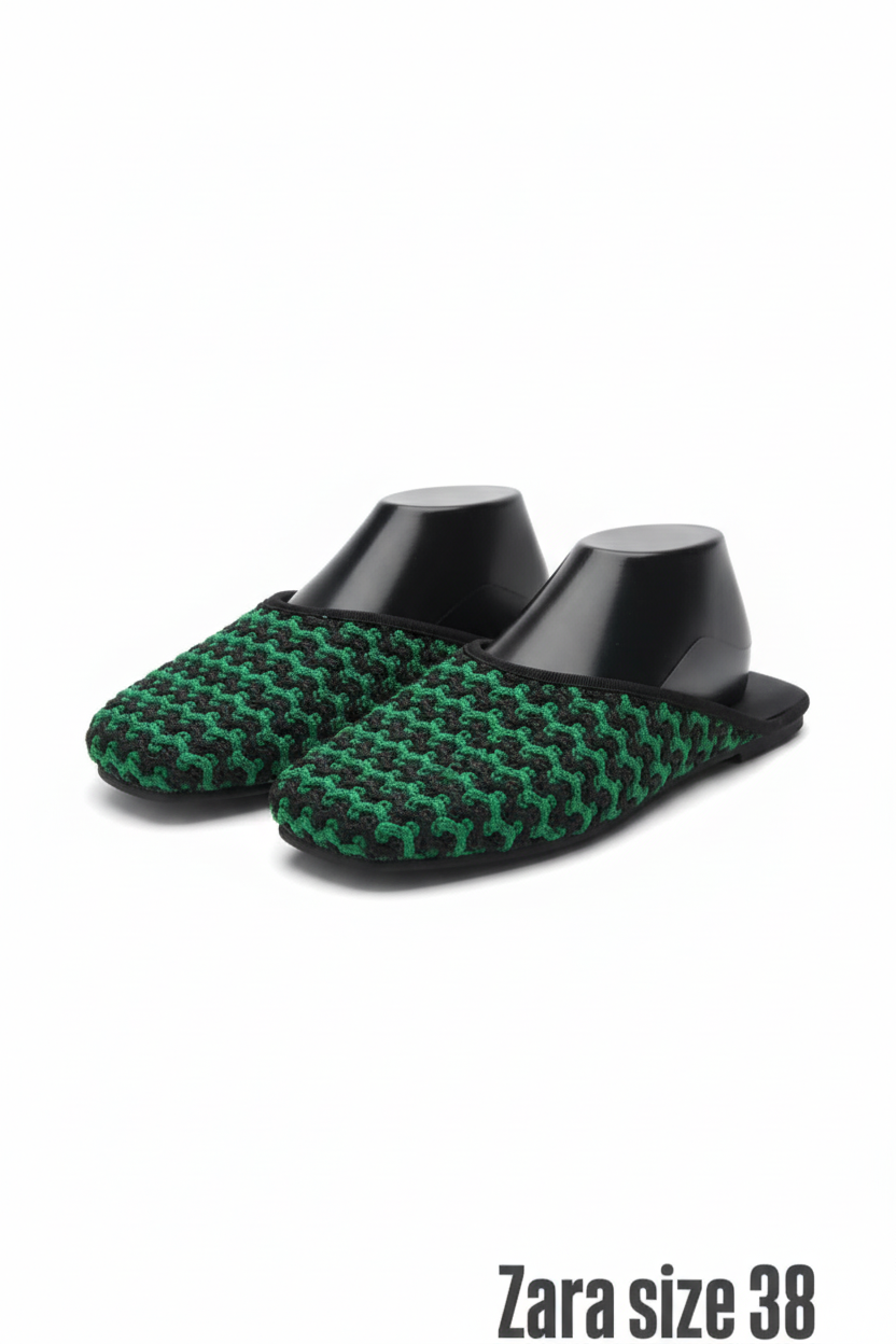 Zara Woven Green & Black Mules Size 38