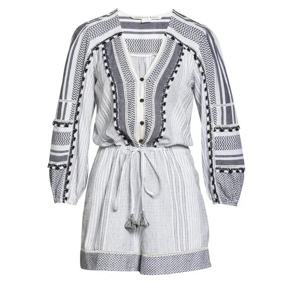 Veronica Beard "Bayleise" Tassel-Trim Cotton Romper, Black Multi Size Small