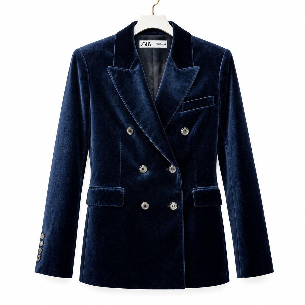 Zara Blue Velvet Double Breasted Blazer Size M
