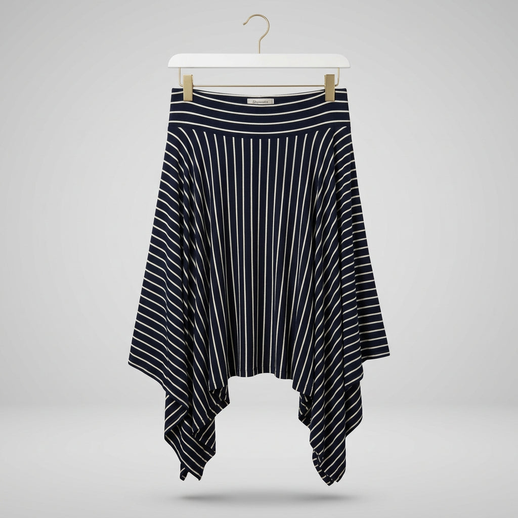 Cabi 5183 Twirl Skirt - Navy & White Striped Asymmetrical Hem Size L