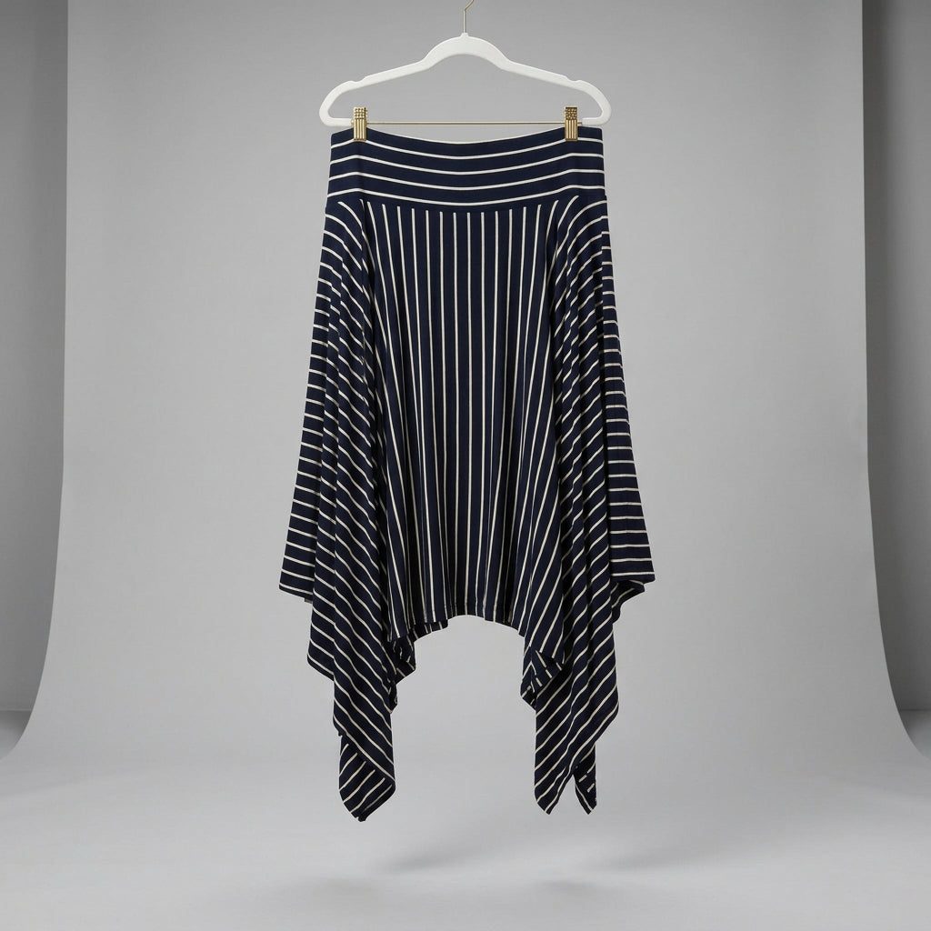 Cabi 5183 Twirl Skirt - Navy & White Striped Asymmetrical Hem Size L