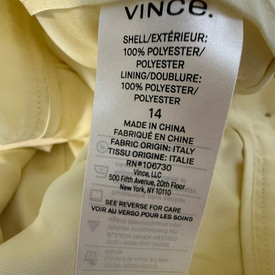 Vince Pale Yellow Wide-Leg Trousers Size 14