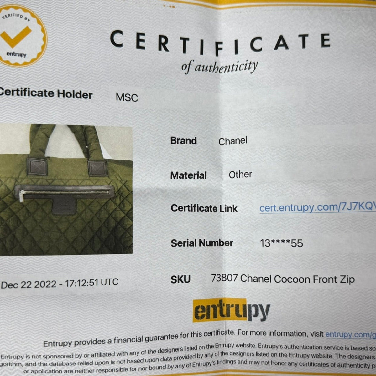 Chanel Cocoon Quilted Nylon Tote Bag- Olive Green