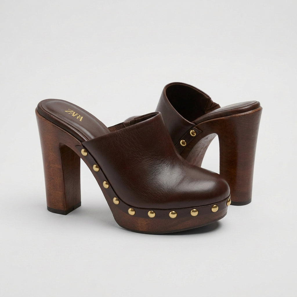 Zara Studded Wooden High Heel Clogs Size 38