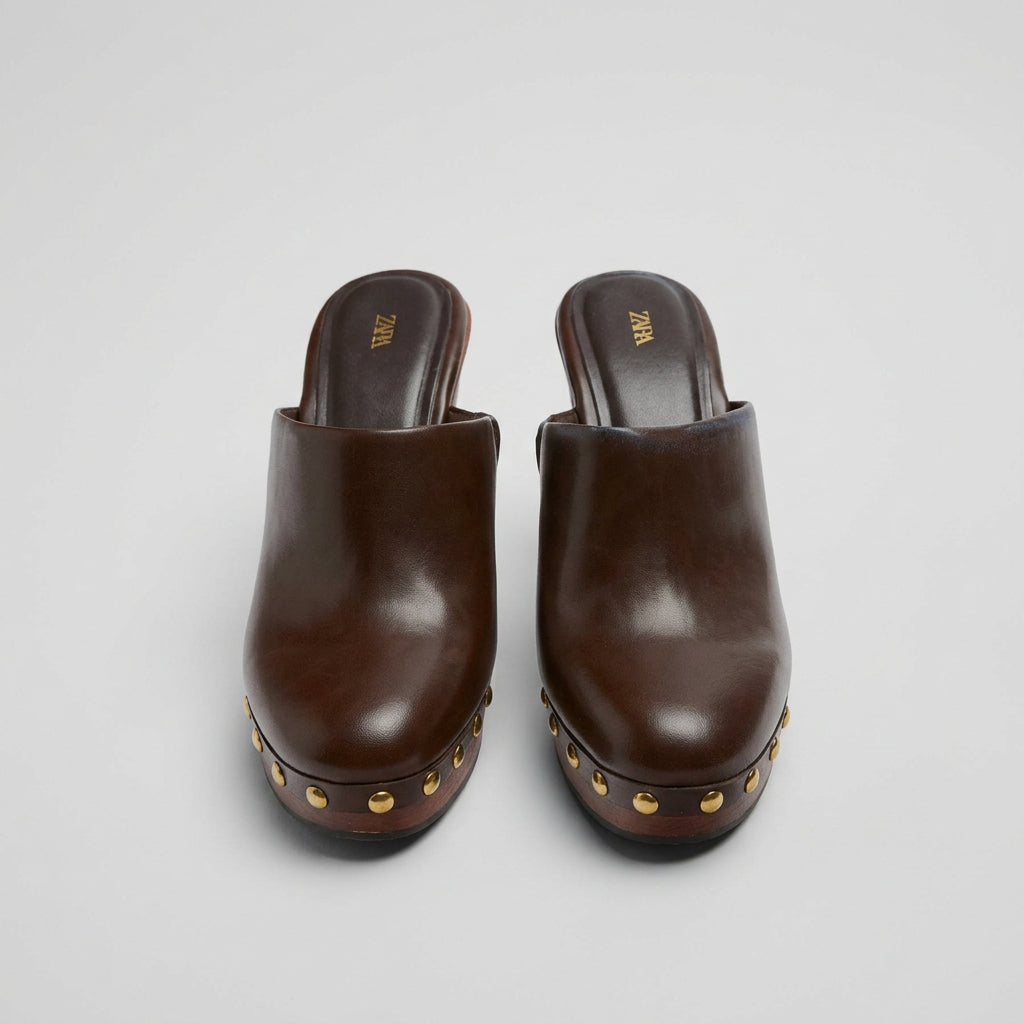 Zara Studded Wooden High Heel Clogs Size 38