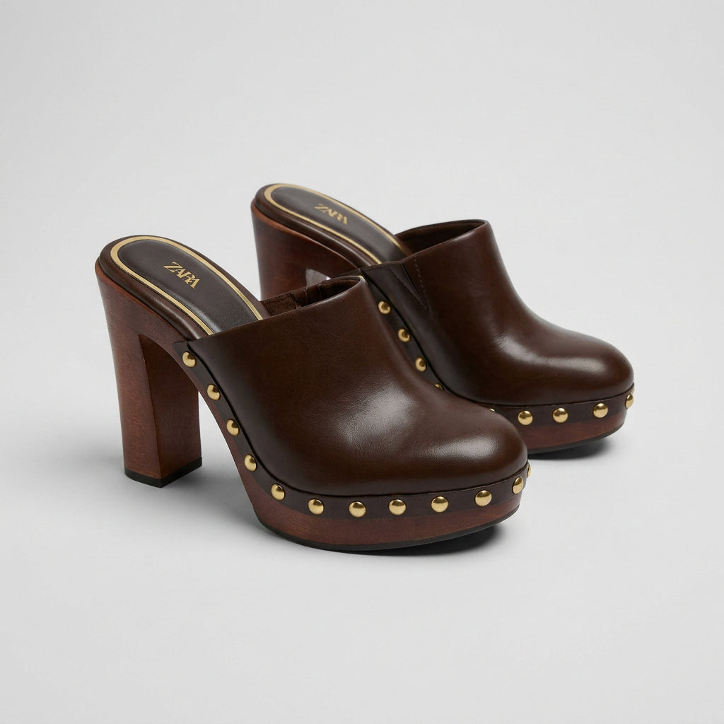 Zara Studded Wooden High Heel Clogs Size 38