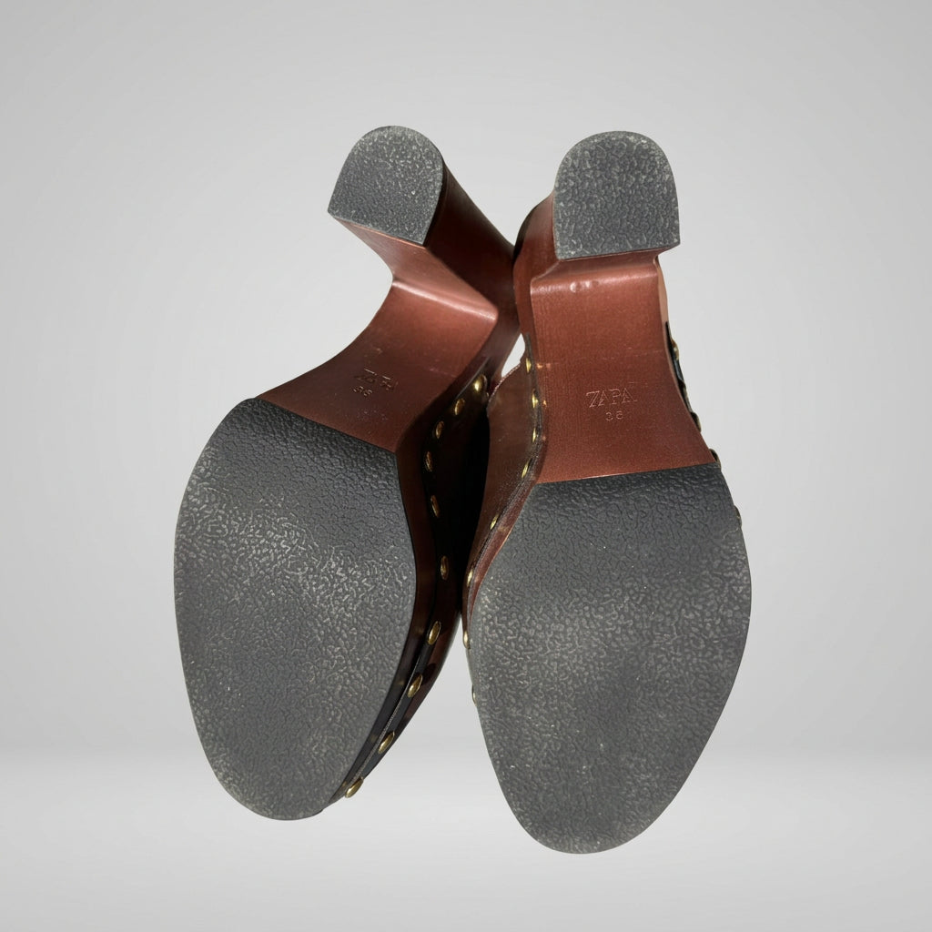 Zara Studded Wooden High Heel Clogs Size 38