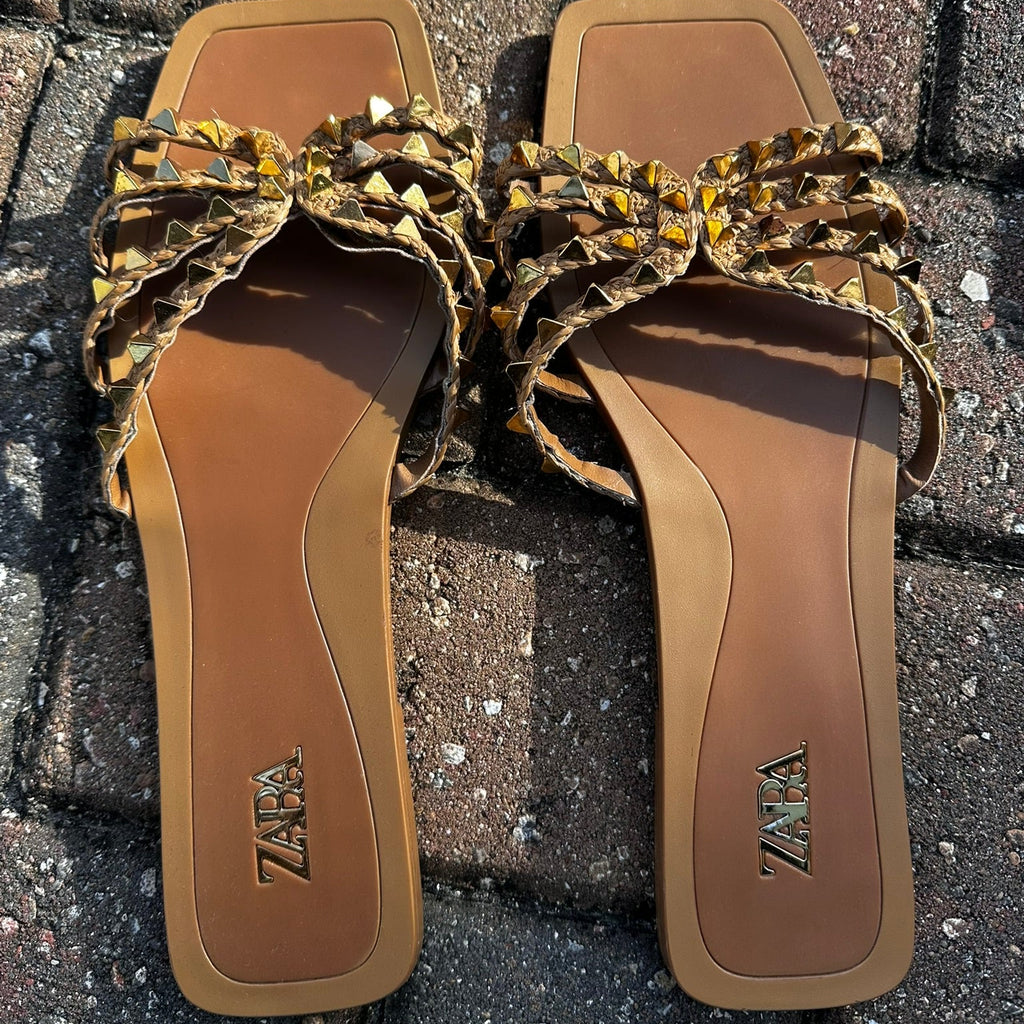 Zara Studded Sandals Braided Flats Size 38