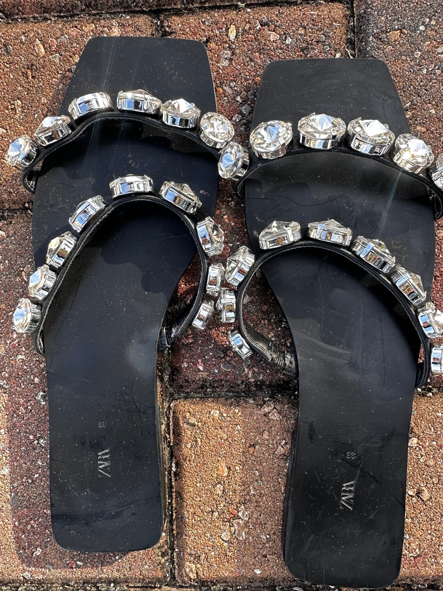 Zara Embellished Square-Toe Flat Sandals Size 38