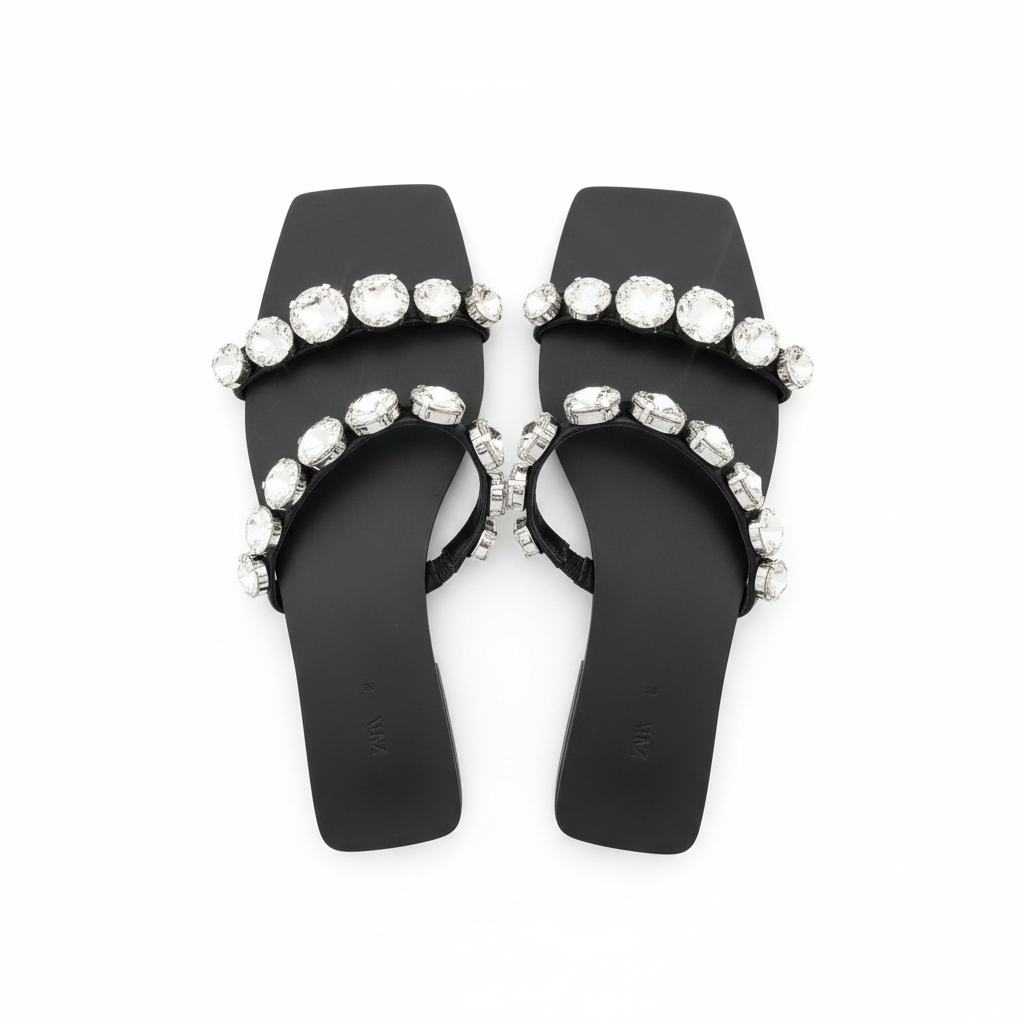 Zara Embellished Square-Toe Flat Sandals Size 38
