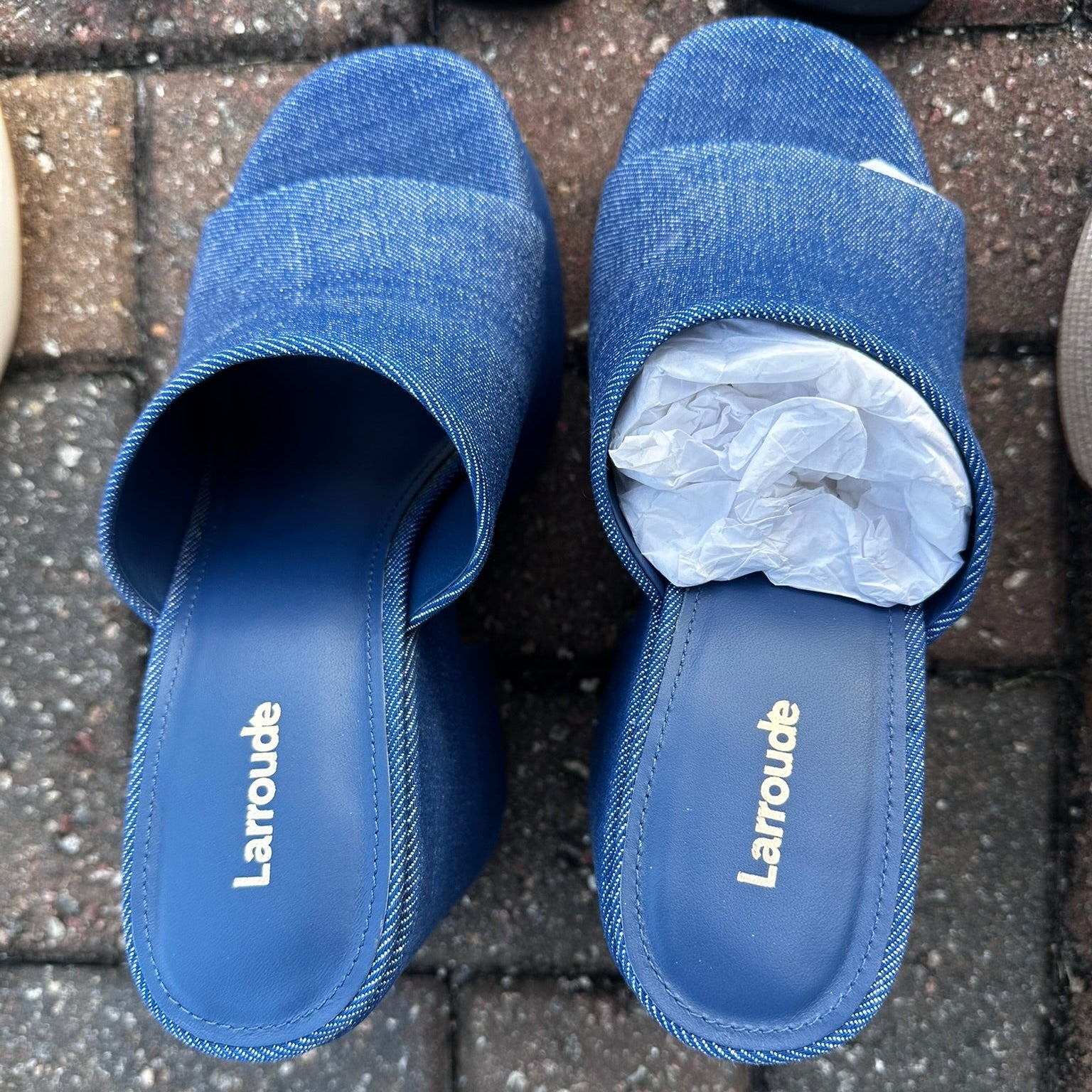 Larroude Denim Platform Wedge Mules Size 7.5