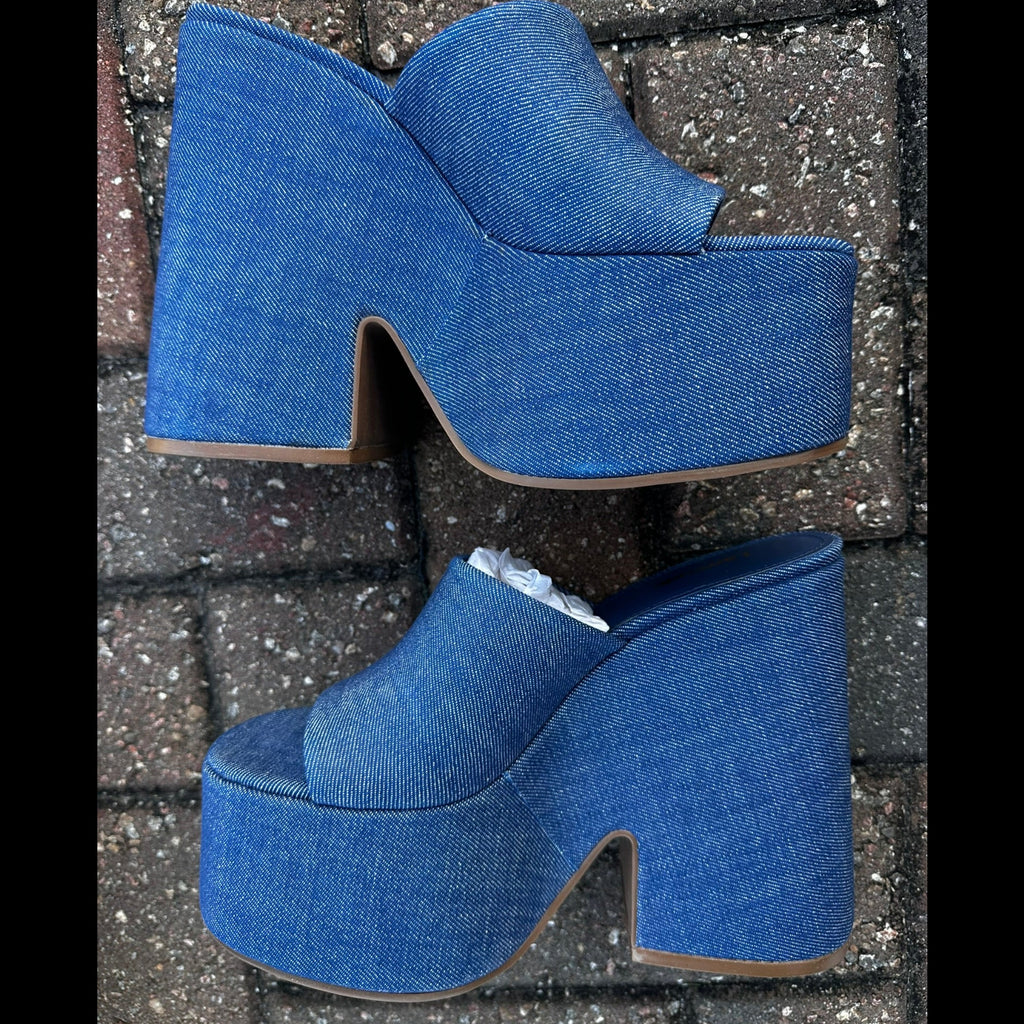 Larroude Denim Platform Wedge Mules Size 7.5
