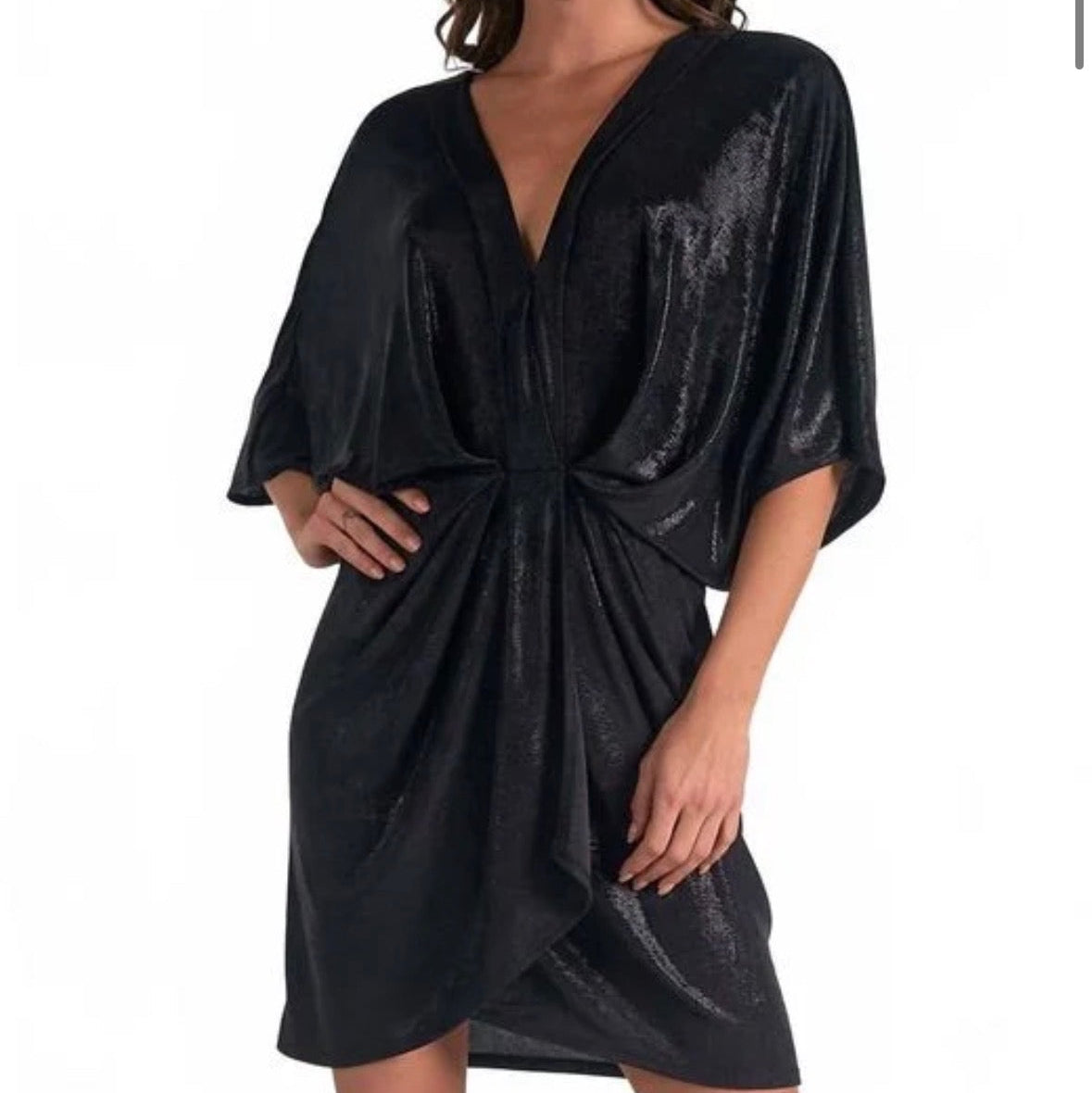 Elan Black Metallic Faux Wrap Front Dress- Size Medium