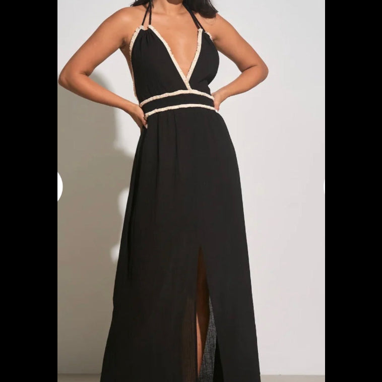 Elan Black Fringe Halter Maxi Dress Size Medium