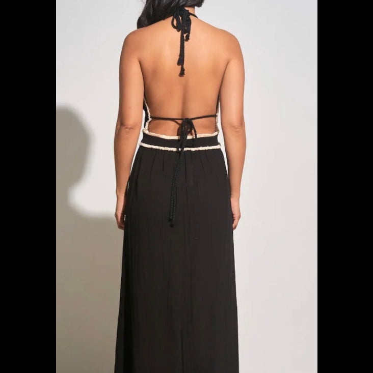 Elan Black Fringe Halter Maxi Dress Size Medium