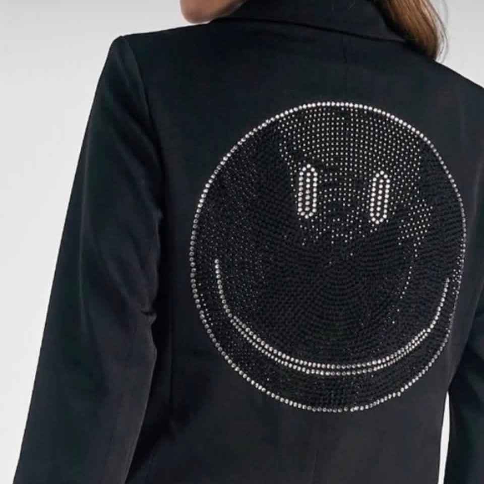 Elan Black Gemstone Smiley Blazer Jacket Size Large