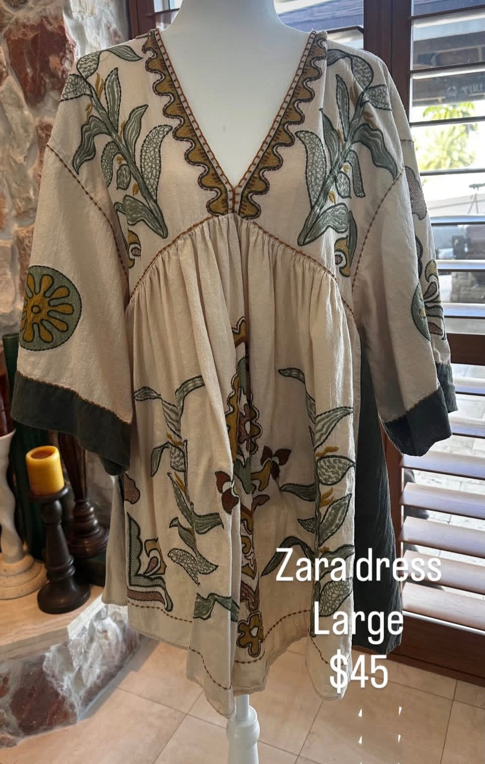 ZARA SHORT Linen BLEND EMBROIDERED DRESS ECRU Size Large