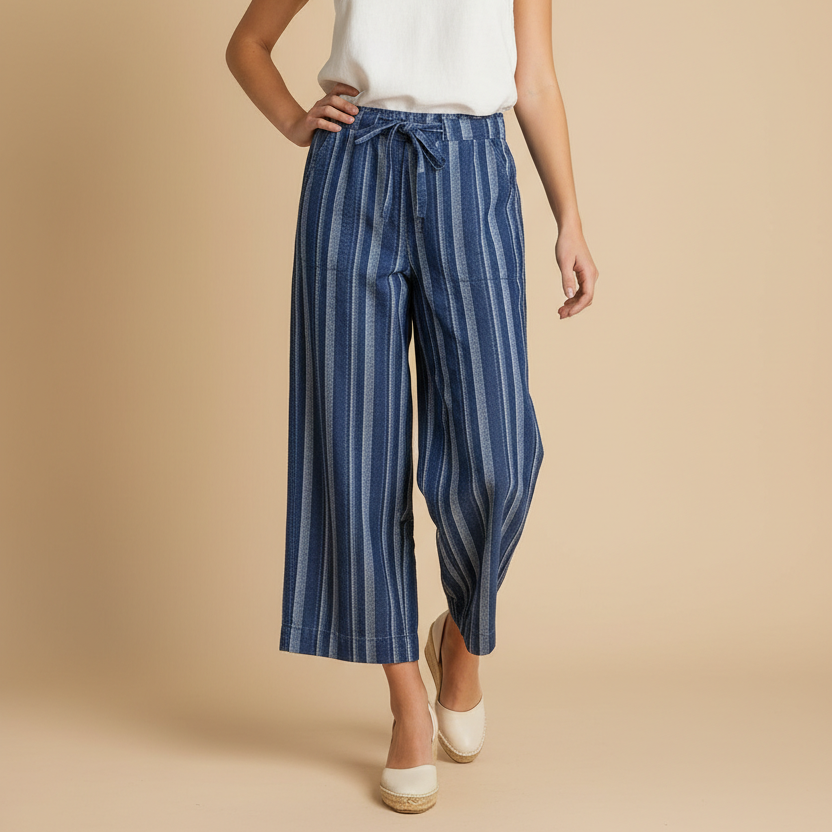 Liverpool Blue Striped Cropped Wide-Leg Pants- Size 14/32